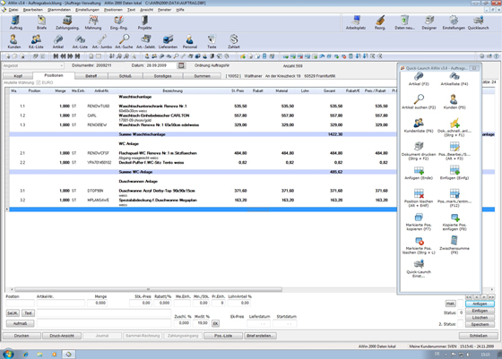 Auftragsverwaltungsfenster mit Quicklaunch